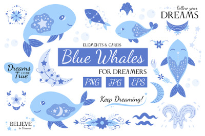 Blue Whales clipart &amp; pre-made cards