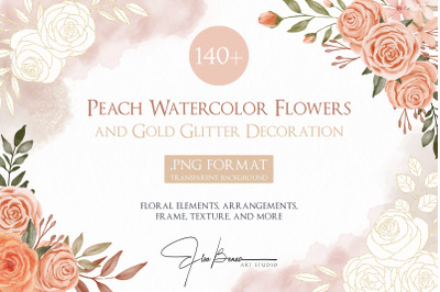 Peach Watercolor Floral and Gold Glitter Decoration