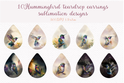 Watercolor hummingbird teardrop earrings sublimation design bundle