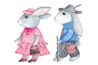 Fun Bunny Couple. Two watercolor illustrations for children.