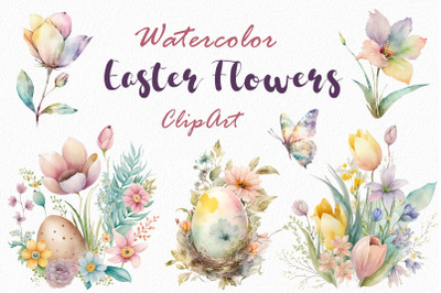 Easter flowers clipart, floral arrangement clipart, leaves, eggs