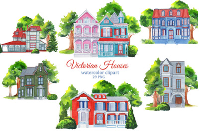 Victorian houses, summer homes watercolor clipart, sublimation clip art png, cottages logo