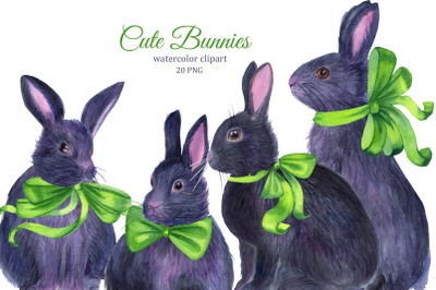 Cute bunnies watercolor clipart