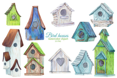 Birdhouses watercolor clipart, bird house, nesting box spring clipart