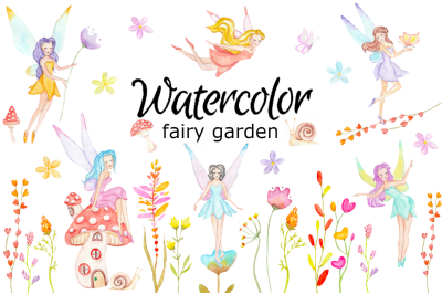 Fairy garden watercolor clipart