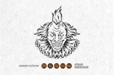 Creepy evil zombie clown head logo illustrations silhouette