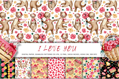 Love Otter, Watercolor digital paper Valentine&#039;s Day