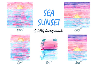 Sea Sunset, Beach Clipart. Watercolor Ocean Background PNG