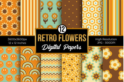 Retro Flowers Groovy Digital Papers