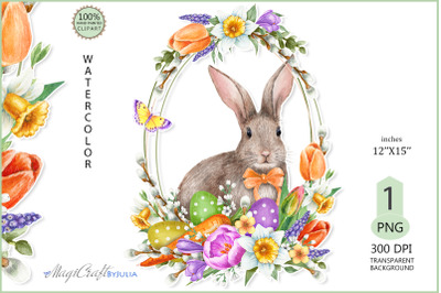 Easter bunny wreath| Bunny with eggs| spring flowers| Rabbit
