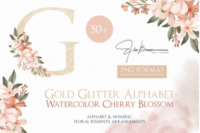 Gold Glitter Alphabet Watercolor Cherry Blossom