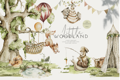 Little woodland Watercolor cute baby animals Forest scene