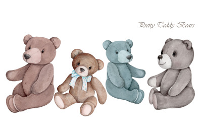 Pretty retro Teddy Bears. Watercolor illustrations for children.