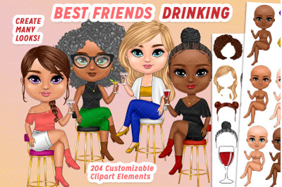 Best Friends Chibi Drinking Cocktail Clipart ,Besties, Customizable, C