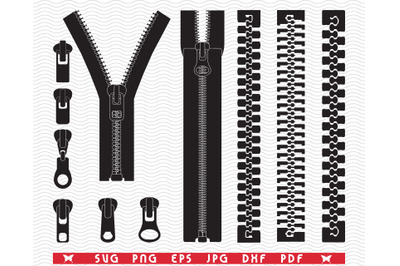 SVG Zippers, Black Isolated Silhouettes, Digital clipart