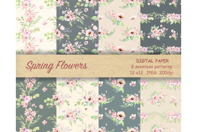 Pink Floral digital paper, Watercolor Digital scrapbooking, blush pink