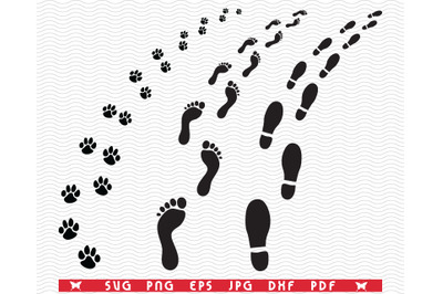 SVG Man and Dog Footprints, Silhouettes, Digital clipart