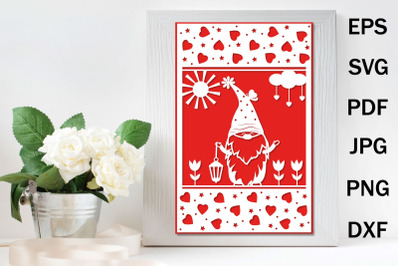 Papercut holiday greeting card template with a gnome SVG