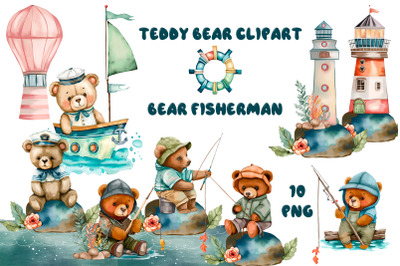 Nautical watercolor clipart. Cute teddy bear fisherman