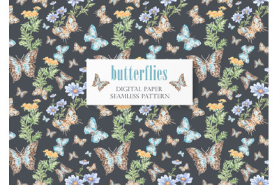 Butterflies watercolor digital paper, seamless pattern.