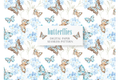 Blue butterflies watercolor digital paper, seamless pattern.
