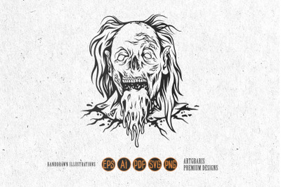 Creepy monster zombie clown head logo illustrations monochrome