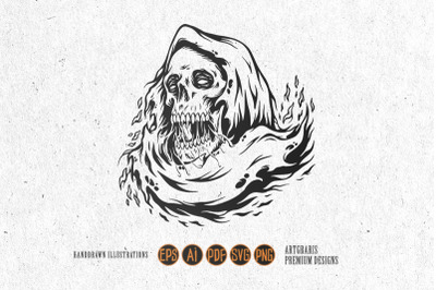 Creepy monster skull head grim reaper logo illustrations monochrome