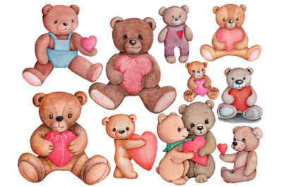Set of Valentine Teddy Bears. Collection of watercolor illustrations.