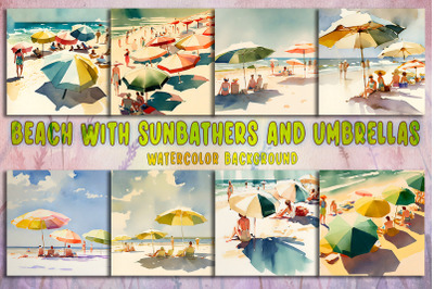 Beach With Sunbathers And Umbrellas