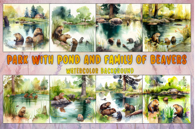 Park With Pond And Family Of Beavers