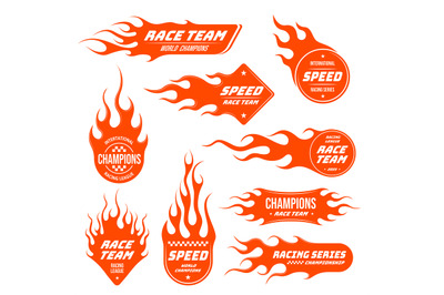 Flame emblem. Speed car race team patch, sport champions label sticker