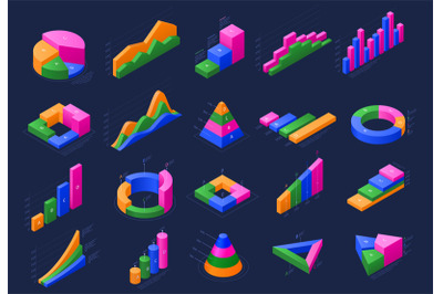 Isometric infographic. Rising chart, pie diagram and statistical data