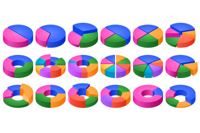 Isometric colorful pie charts. Data visualization, percentage share st