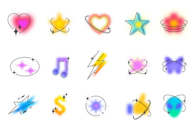 Blurred gradient shapes. Minimalist y2k aesthetic heart&2C; retro butterf