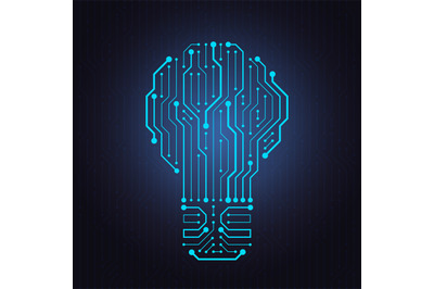 Circuit board light bulb. Tech idea, digital artificial Intelligence t