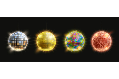 Disco mirror ball. Retro party club decoration silver, golden, rainbow