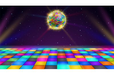 Disco dance floor. Retro party scene with LED squares grid glowing flo