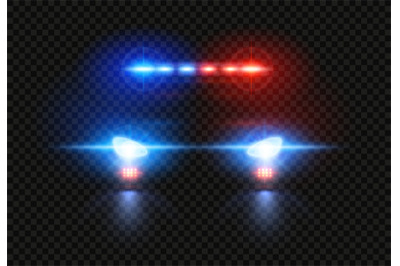 Police car headlights. Emergency flashing light, pursuit light siren a