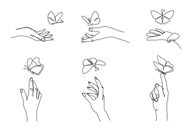 One line hands release butterflies. Hand with butterfly on finger&2C; fre