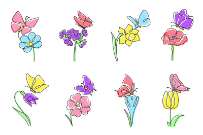 One line flowers with butterflies. Daffodil and tulip with butterfly o