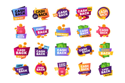 Cash back. Promotion offer sign with coins and cash returns to wallet,