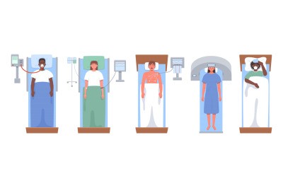 Patient in hospital bed top view. Lung ventilation, cardiogram, droppe