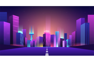 Road to futuristic city. Bridge to night neon town, bright buildings w