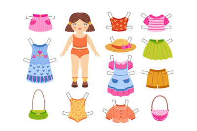 Cartoon paper doll. Cute girl toy with summer clothes collection for d