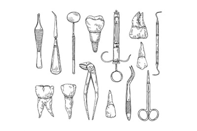 Hand drawn Stomatology attributes. Professional dental tools, tooth wi