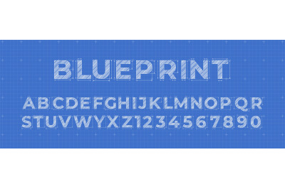 Blueprint lettering. Construction engineer font, architectural alphabe