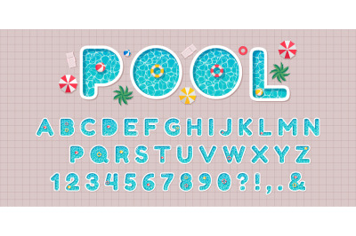 Pool party font. Swimming pools alphabet letters and numbers with wate