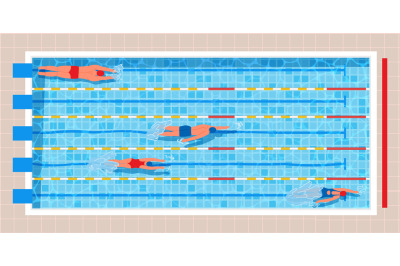 Top view swimming pool. Pool race with professional swimmers in swimwe