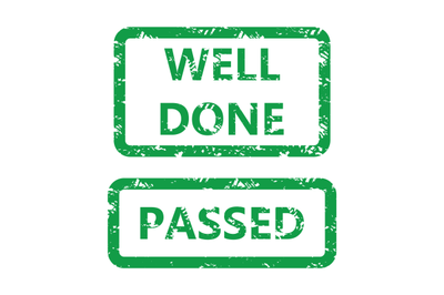 Well done and passed icon rubber stamp for checking exam or test
