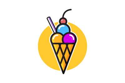 Ice cream icon flat cartoon, colored balls with cherry on top